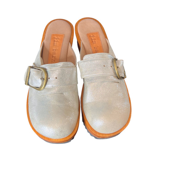 Jim Barnier Women's Wooden Heel Clog Silver Size 11 Platform Sandals Leather New - Picture 4 of 11